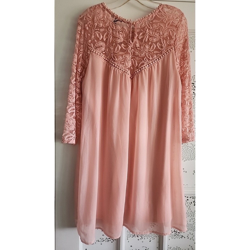 Spring Easter Summer Peach High Waist Baby Doll Dress Lace 3/4 Sleeves Lined‎ L - Picture 3 of 8